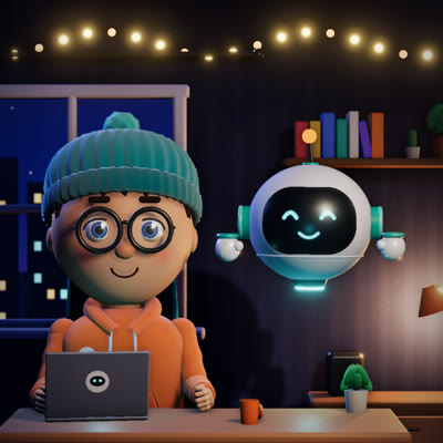 Ben, avec son bonnet turquoise, et Bob, le petit robot blanc