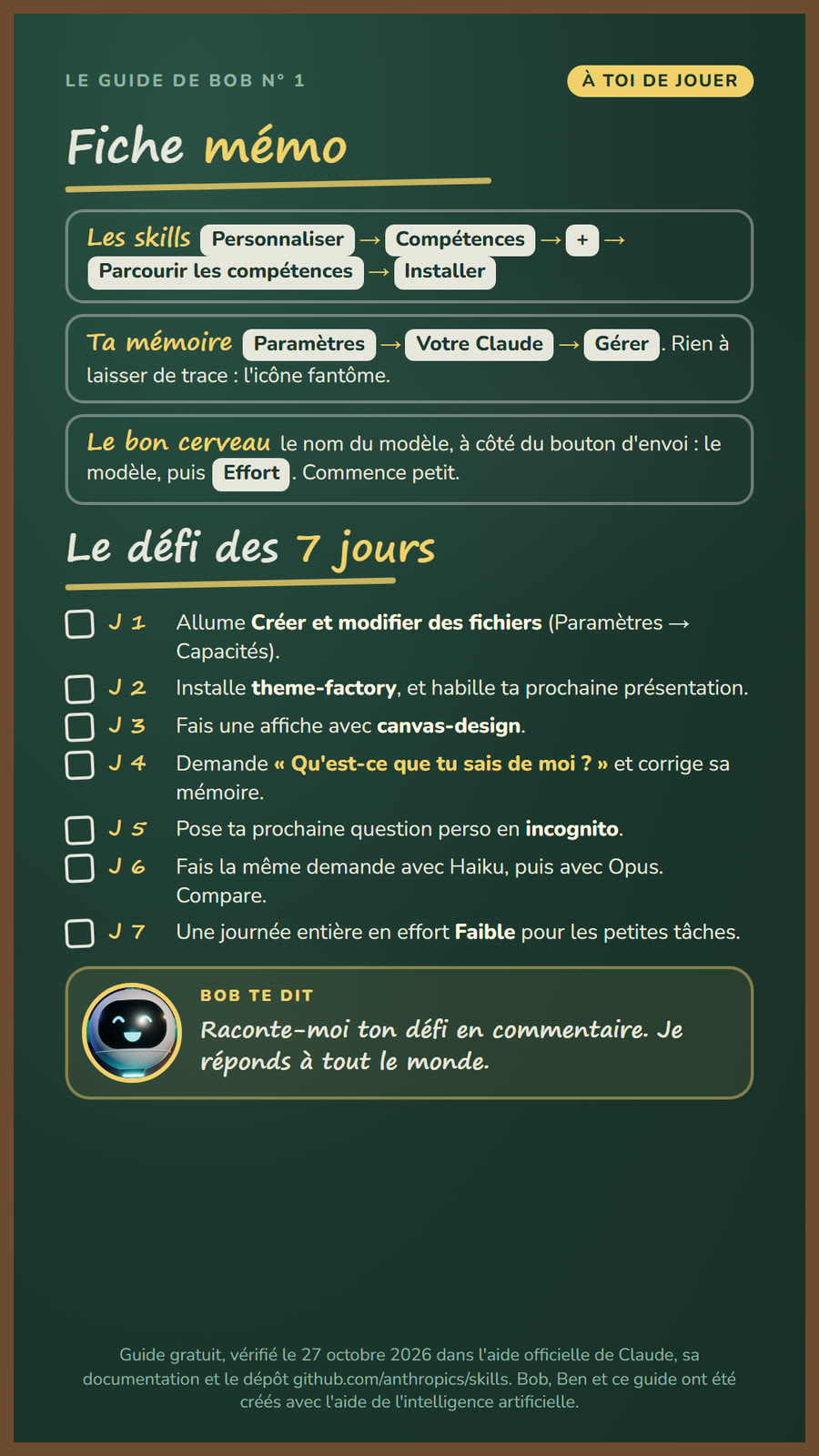 Guide 1, page 9 : fiche mémo et défi des 7 jours
