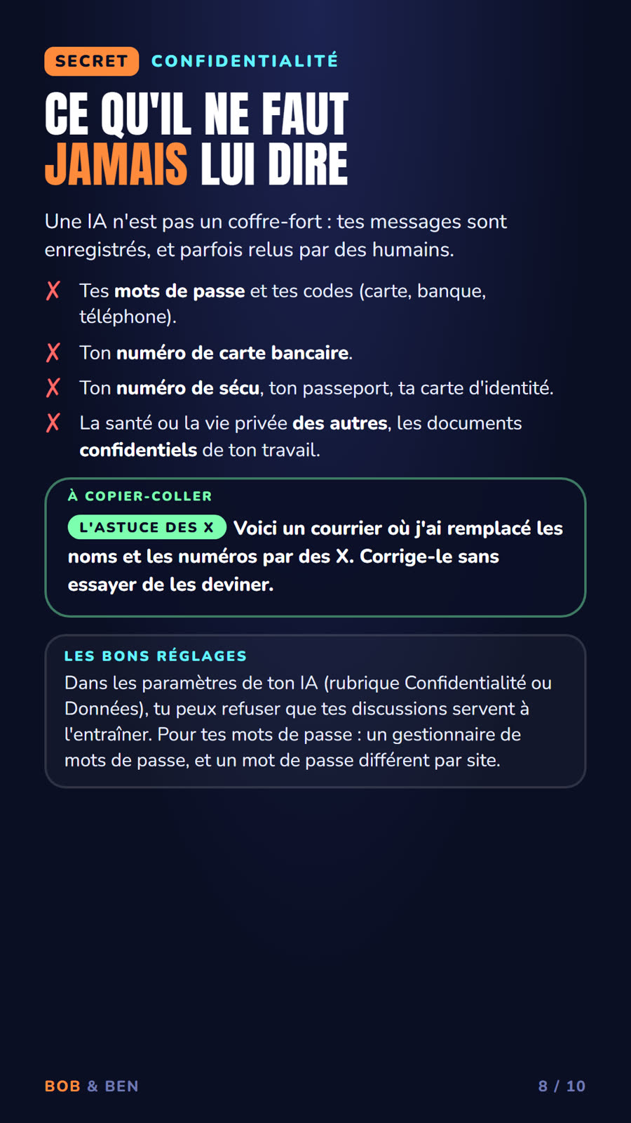 Kit 1, page 8 : ce qu'il ne faut jamais dire à une IA (SECRET)