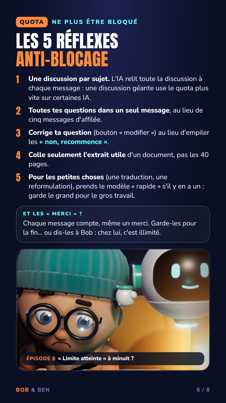 Kit 2, page 5 : les 5 réflexes anti-blocage (QUOTA)